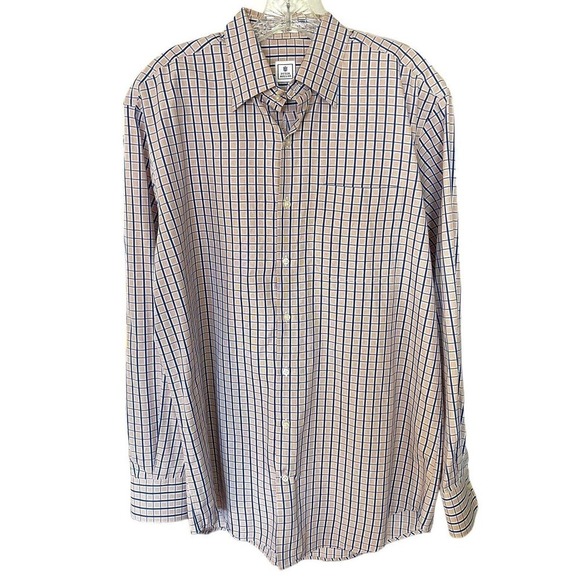 PETER MILLAR Shirt Mens Large Tan Blue Long Sleeve Button down Plaid Check - Picture 1 of 10